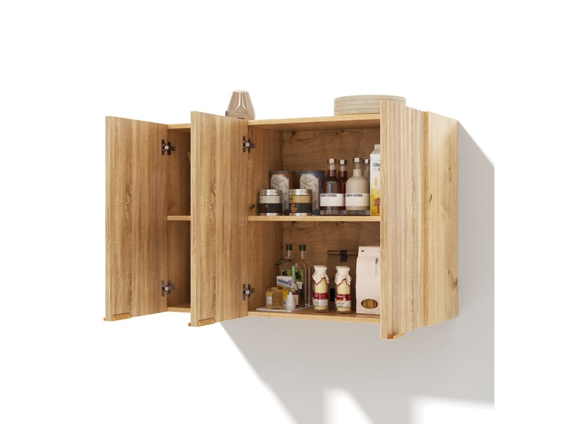  Armoire murale cuisine 3 portes meuble haut de rangement placard suspendu 90x29x60 cm naturel  - Conforama A