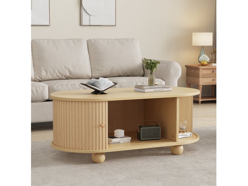  Table basse d'appoint rangement 100x50x40 cm compact design ovale portes ouverture 180° cannelées mdf coloris bois  - Conforama E