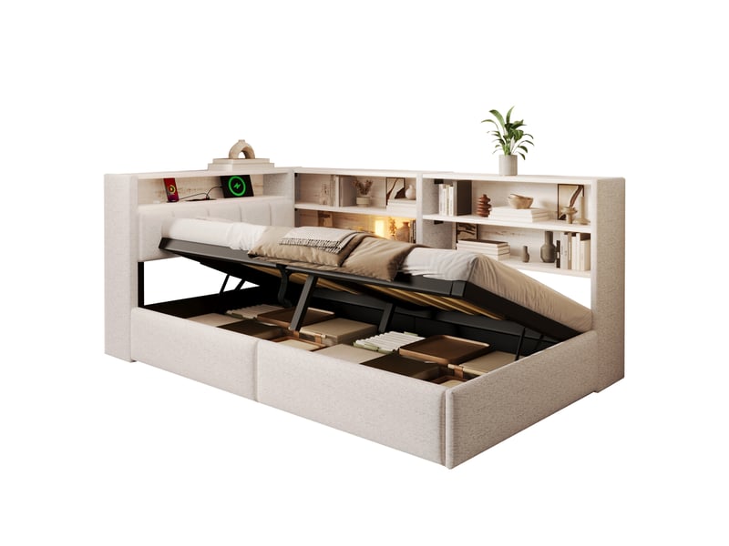  Canapé-lit 90 x 200 cm, suspension hydraulique, prise électrique, caisson latéral réversible (à gauche ou à droite) avec port usb et éclairage led, sans matelas, velours blanc.  - Conforama A