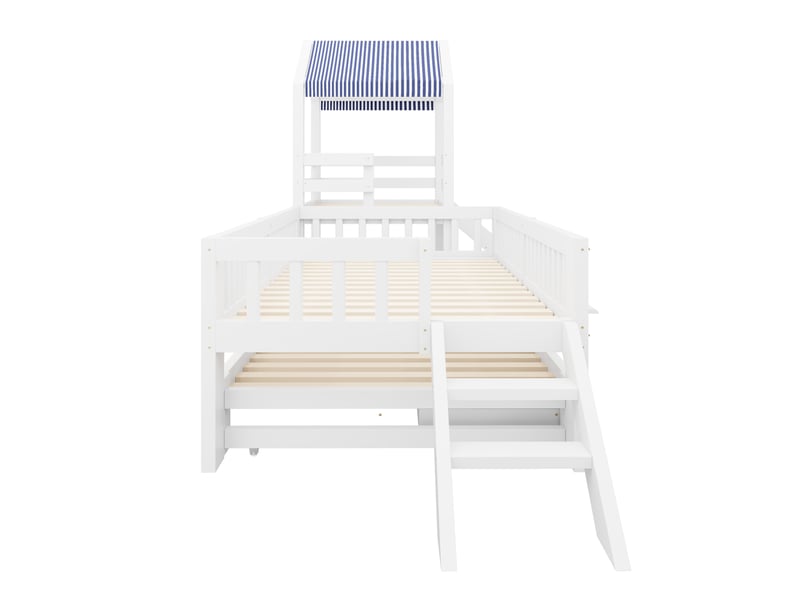  Lit gigogne 90x190 cm - lit cabane enfant 90x200 cm avec toboggan - escalier, tiroirs et toit en tissu - blanc  - Conforama W