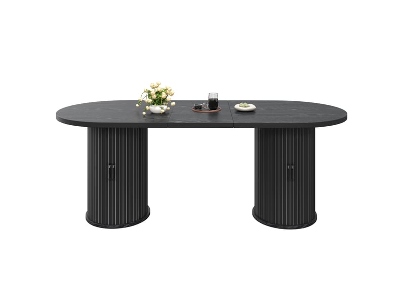  Table à manger extensible, 150 à 190 cm, rectangulaire, mdf, noir, piètement en métal stable, rangement fonctionnel  - Conforama A