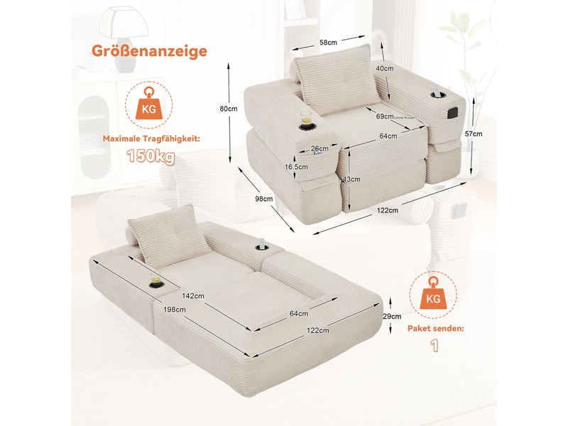  Canapé convertible 2 places en velours côtelé beige avec tiroir intégré et accoudoirs amovibles  - Conforama C