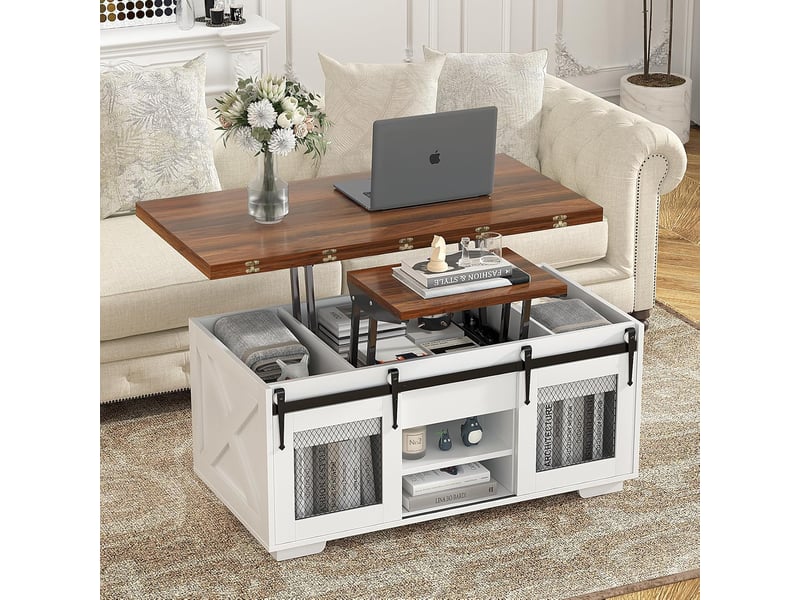  Table basse relevable, extensible et multifonctionnelle 3 en 1 avec rangement dissimulé - salle à manger, convertible, style campagnard, noyer  - Conforama E