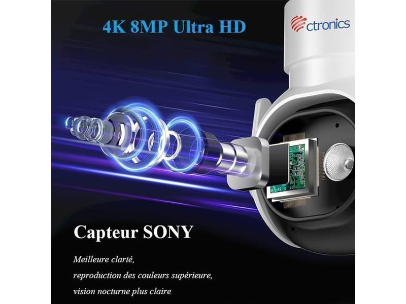  Caméra ptz wifi extérieure 4k 8mp 360° vision nocturne couleur 30m ip66  - Conforama E