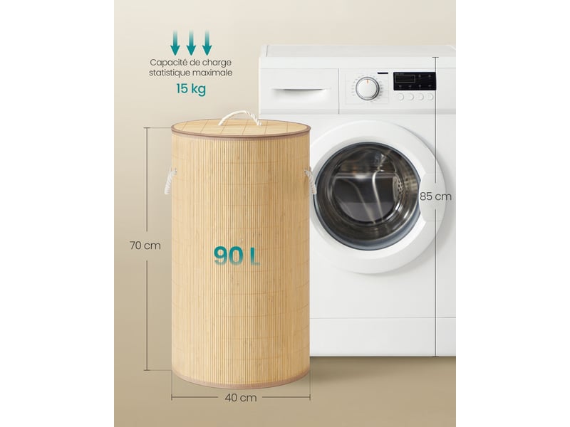  Panier à linge rectangulaire 40 x 70 cm pliable avec couvercle ergonomique finition naturelle en bambou 12_0012198  - Conforama B