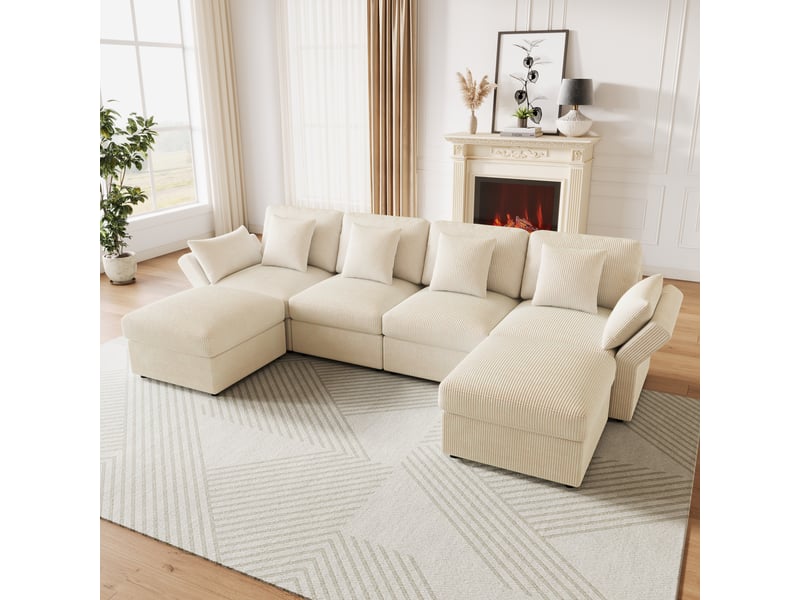  Canapé en u modulable 6 places en velours côtelé beige, accoudoirs réglables, 2 poufs, 290×159,5×89 cm  - Conforama R