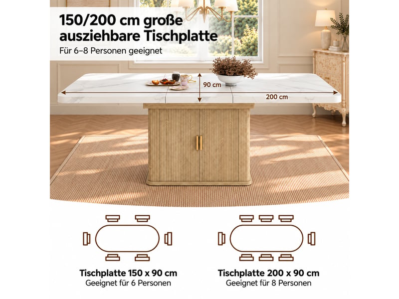 Table à manger extensible 150-200x90 cm pour 6 à 8 personnes, rangement intégré, plateau épais 2,8 cm effet marbre blanc et chêne, pied central - Conforama E