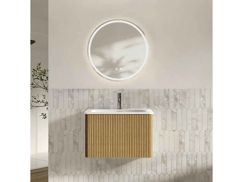 Armoire de salle de bain avec miroir led antibuée, 1 tiroir et vasque intégrée, pour salle de bain, 60 cm, chêne - Conforama C