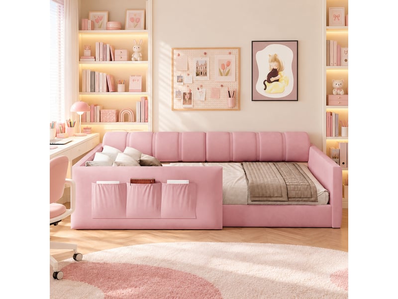  Lit enfant rembourré 90x200 cm avec tête de lit épaisse et poches latérales, lit banquette multifonction pour chambre et salon, velours CozyNest - Conforama D