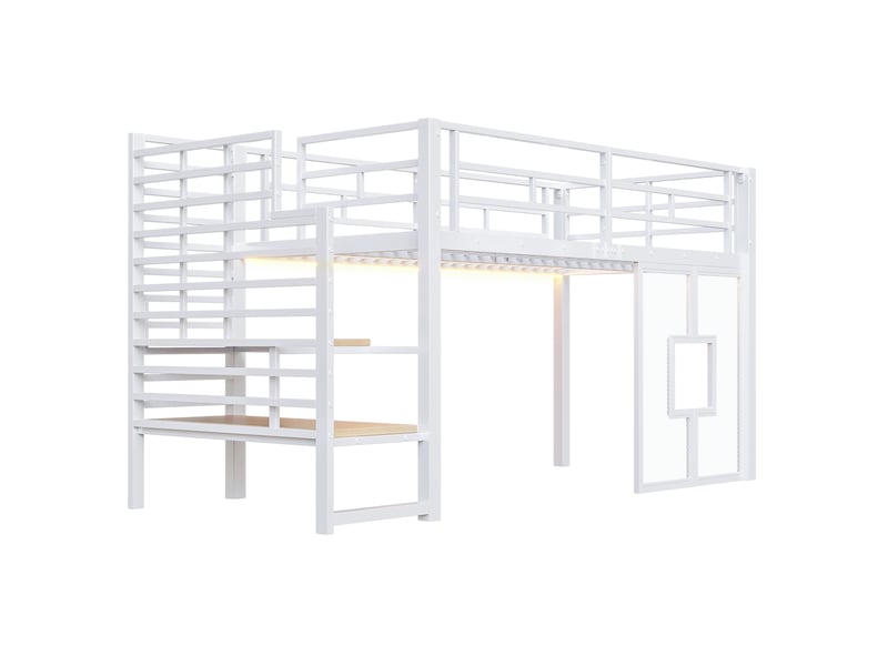  Lit mezzanine 90x200 cm blanc, avec escalier de rangement 2 compartiments, fenêtres, led, structure métal, sommier inclus, sans matelas  - Conforama D