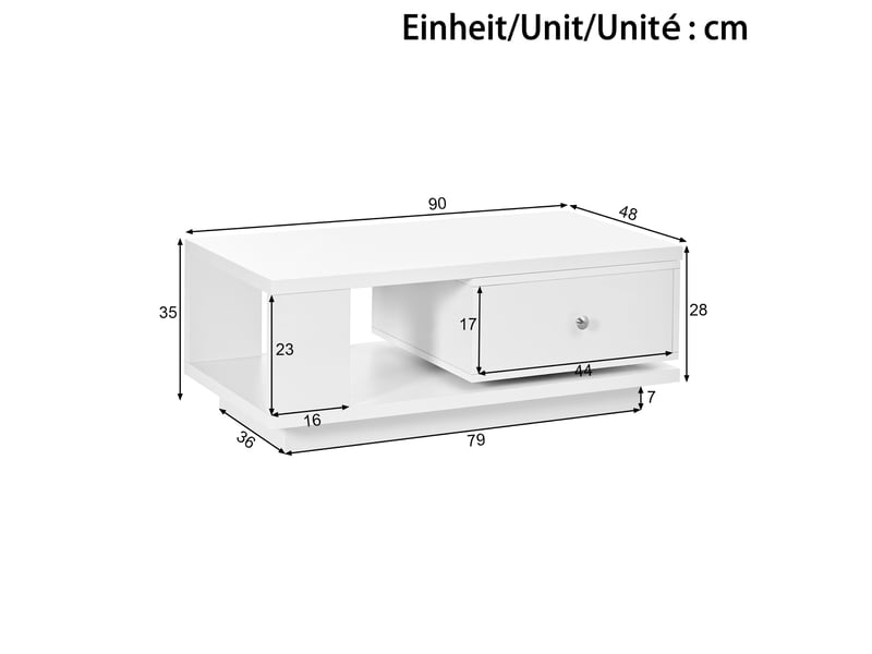  Table basse,90x48x35 cm,avec tiroir pivotant,mdf,blanc brillant  - Conforama C