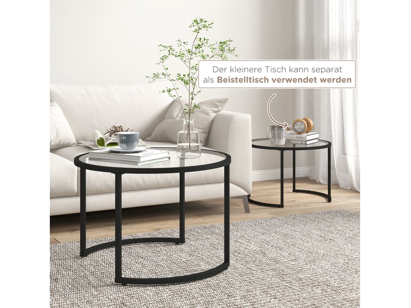 Tables basses gigognes rondes 2 pièces avec plateaux en verre trempé et structure en acier noir pour salon moderne - Conforama E