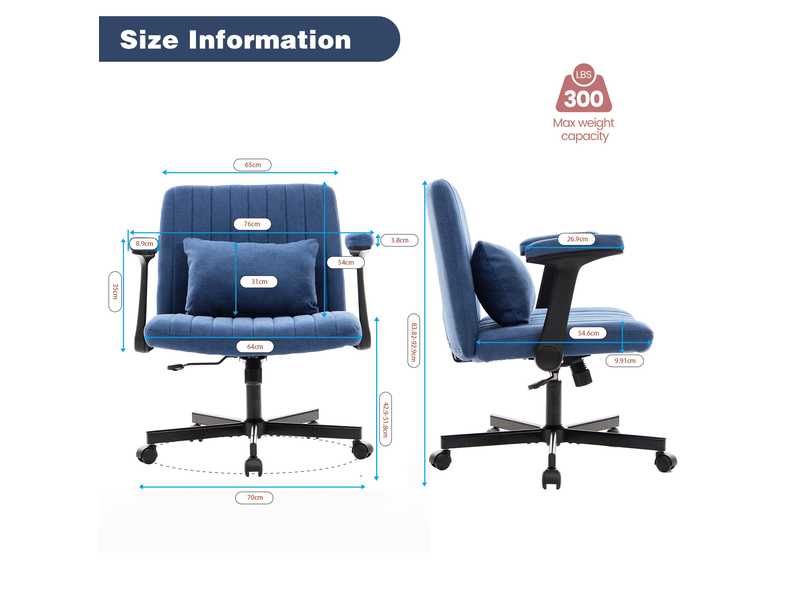 Fauteuil de bureau en velours bleu, réglable en hauteur, pivotant avec accoudoirs relevables et roulettes silencieuses - Conforama C