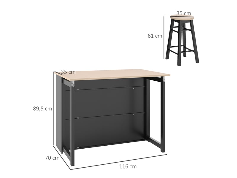  Ensemble de bar 2 places noir avec table pliante, rangements et 2 tabourets, 3 pièces, idéal pour petits espaces  - Conforama C