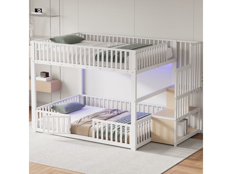  Lit superposé bas 140x200 cm blanc, avec escalier de rangement, led, garde-corps, structure métal, sommier inclus, sans matelas  - Conforama W