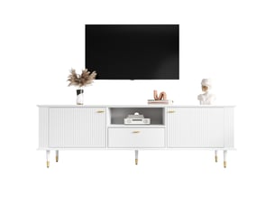 Meuble tv blanc 170 cm mdf laqué avec pieds dorés et rangement