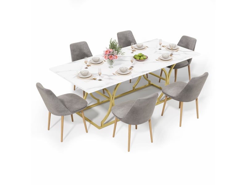  Table à manger 200 x 80 cm pour 8 à 10 personnes, effet marbre, blanc et doré  - Conforama A