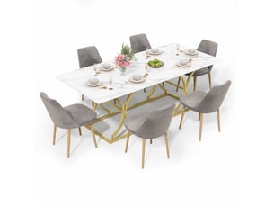 Table à manger 200 x 80 cm pour 8 à 10 personnes, effet marbre, blanc et doré
