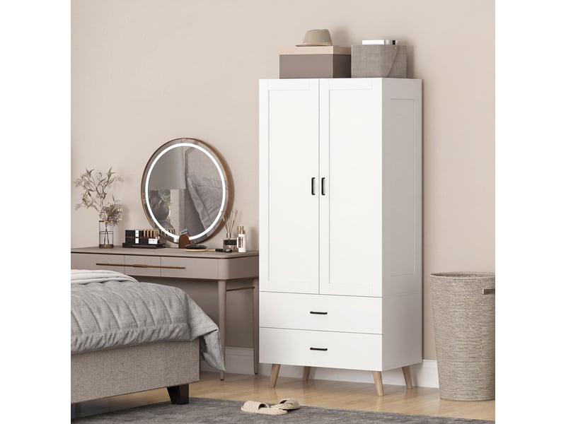  Armoire chambre penderie 2 portes à fermeture douce, 2 tiroirs et barre de suspension, 80x54x180cm, blanc  - Conforama A