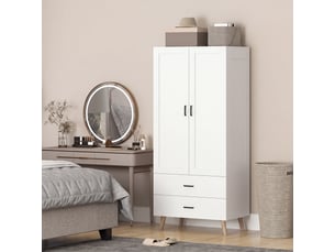 Armoire chambre penderie 2 portes à fermeture douce, 2 tiroirs et barre de suspension, 80x54x180cm, blanc