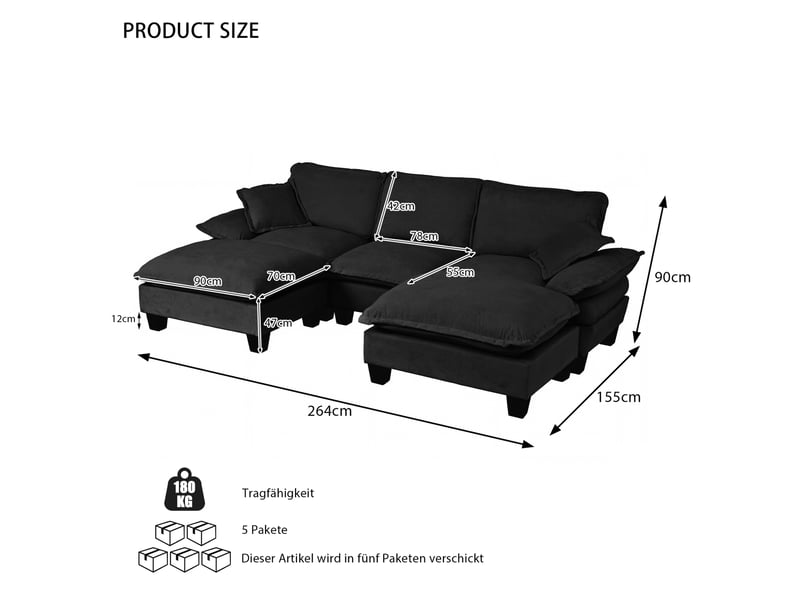 Canapé d'angle modulaire u 264x155x90 cm, 5 places, 2 poufs mobiles, 2 coussins, chenille noir - Conforama C