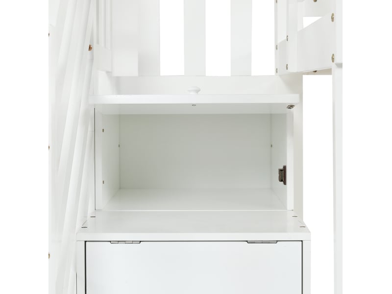  Lit superposé enfant 90x200 cm – blanc et gris – escalier à 3 rangements et fenêtres décoratives  - Conforama E