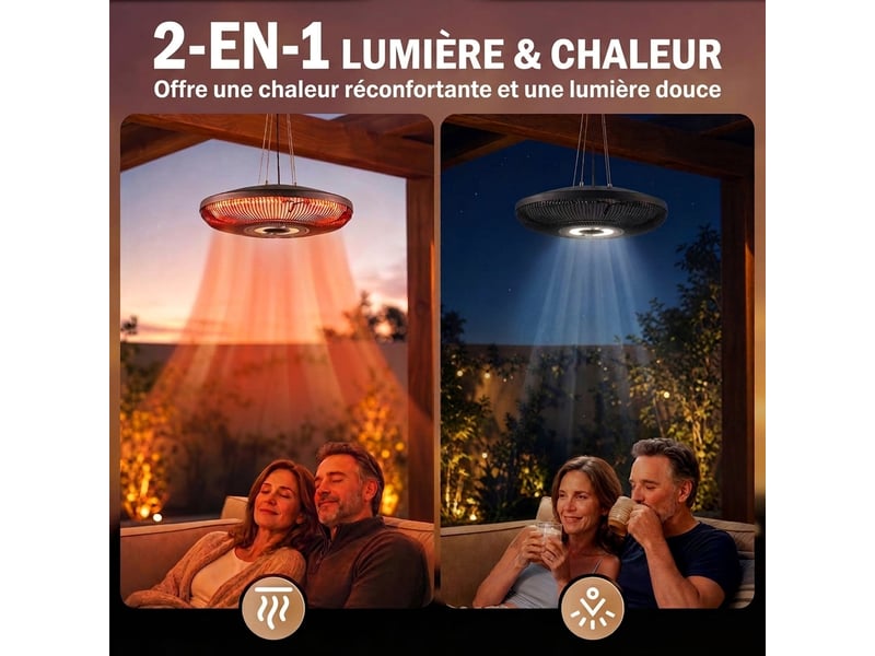  Chauffage infrarouge suspendu 2000w avec éclairage led et télécommande  - Conforama D