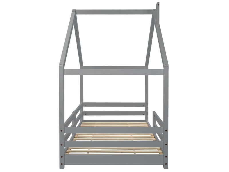 Lit cabane enfant 200×90 cm avec barrières de protection et cheminée décorative, sans matelas, en pin massif gris - Conforama E
