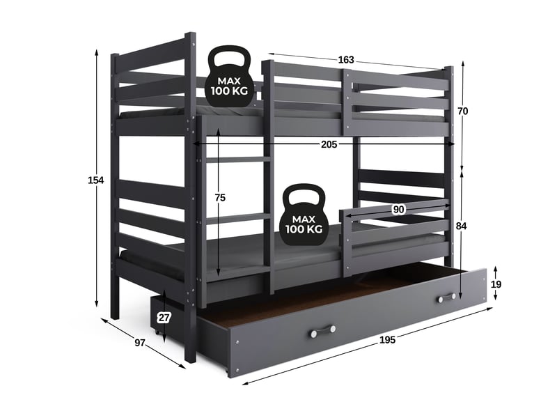 Lit superposé séparable 90x200 cm eric interbeds - bois massif de pin avec barrière, sommier et tiroir - gris - Conforama C