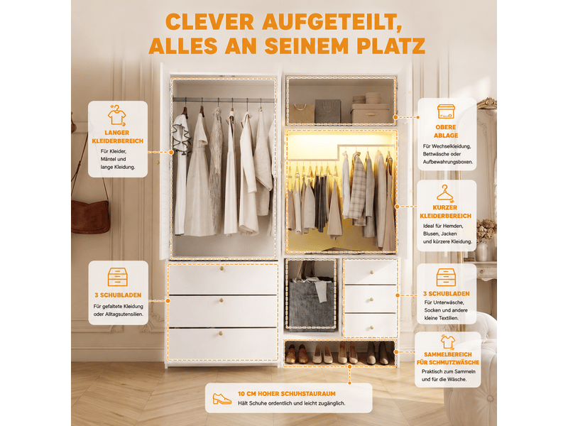  Armoire de chambre blanche avec panier à linge intégré, éclairage led, 6 tiroirs, 180x50x200 cm  - Conforama W