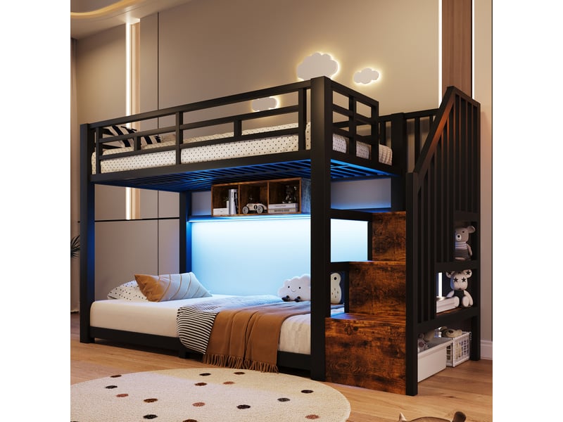 Lit superposé 90 x 200 cm, bandes led, 3 compartiments de rangement, escalier avec rangement, garde-corps, structure en métal, noir Seren Glow - Conforama B