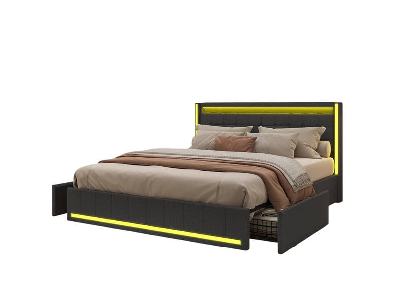  Lit 140 x 190 cm, lit led double 140 x 190 cm avec ports usb et type c, 4 tiroirs,lit 2 personnes pour adultes,lin,gris  - Conforama A