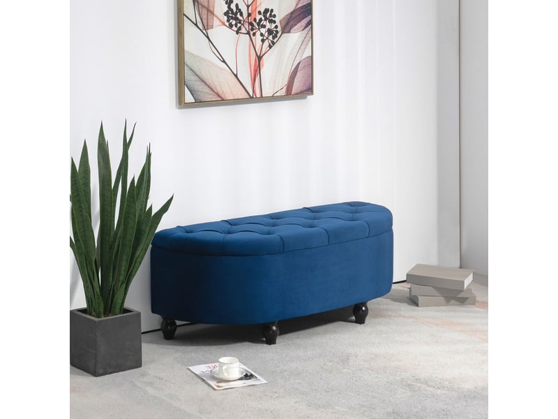  Pouf de rangement coffre 2 en 1 - pieds bois hévéa noir revêtement velours bleu - pouf capitonné demi-cercle  - Conforama A