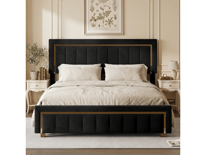  Lit coffre 160x200 cm, lit double rembourré avec rangement, lit coffre hydraulique - sommier à lattes - sans matelas - capacité de charge 300 kg - velours nior  - Conforama E