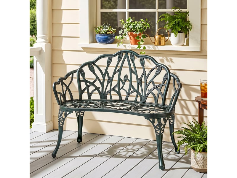  Banc de jardin en aluminium moulé, banc extérieur 2 places avec dossier tulipe, assise florale, 99x57x78cm, vert antique  - Conforama C