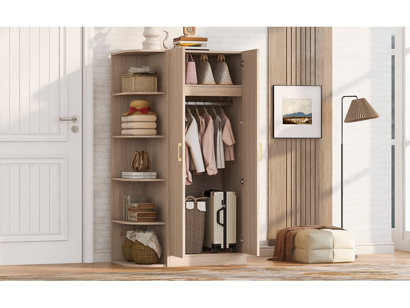  Armoire 2 portes 90 x 55 x 170 cm avec étagères, tiroirs et penderie, bois clair  - Conforama E