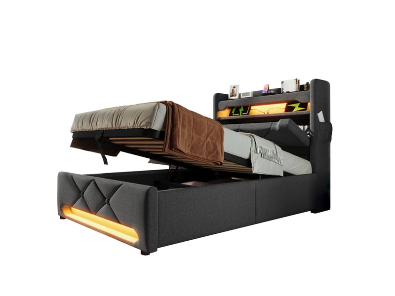  Lit coffre adulte 90x200 cm – gris – led 360°, rangements hydrauliques et ports usbusb-c – avec matelas  - Conforama A