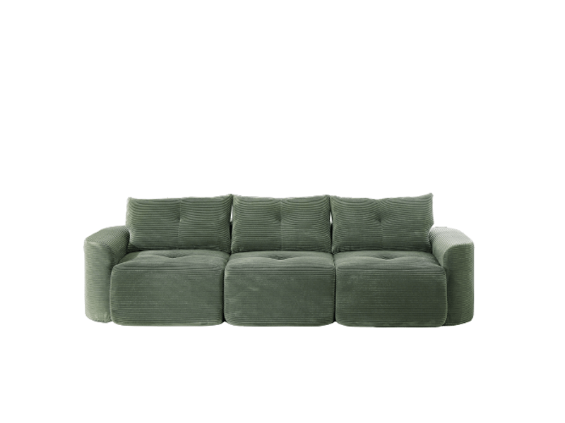 Canapé modulaire 3 places en tissu cordon style wabi-sabi, vert sauge, configuration 2+1 avec siège individuel amovible, design côtelé et arrondi - Conforama A