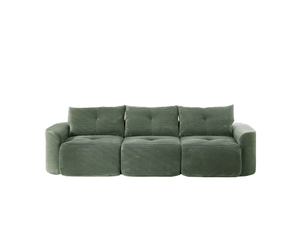 Canapé modulaire 3 places en tissu cordon style wabi-sabi, vert sauge, configuration 2+1 avec siège individuel amovible, design côtelé et arrondi