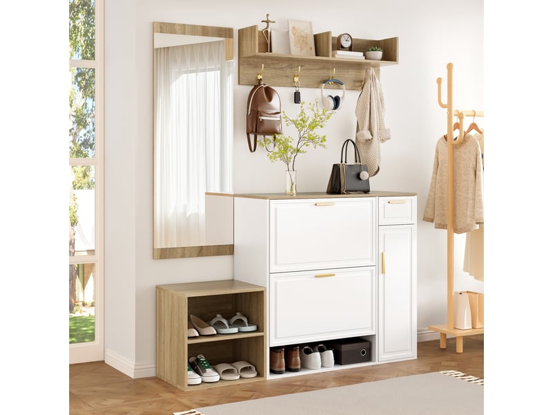  Rayofi – ensemble rangement entrée 4 pièces, meuble à chaussures, banc, porte-manteau mural, miroir – l 139,5 x p 35 x h 166 cm, blanc et naturel  - Conforama D