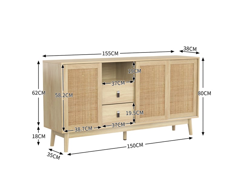  Buffet avec 3 portes coulissantes en rotin et 2 tiroirs pour salon 155×38×80 cm couleur bois  - Conforama E