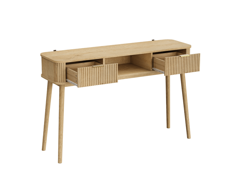  Console 120x35x77,6 cm avec 2 tiroirs en mdf chêne, style mid-century avec compartiment ouvert, meuble polyvalent pour salon  - Conforama A