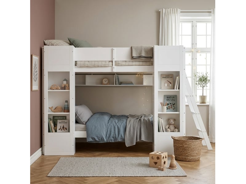  Lit superposé 90 × 200 cm avec 2 placards, étagère ouverte et échelle réversible pour chambre d’enfant  - Conforama E