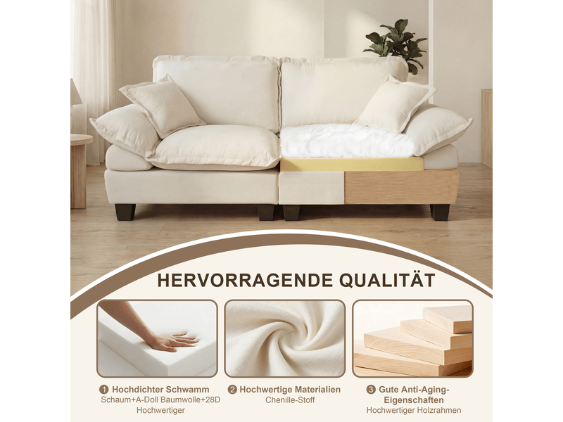  Canapé panoramique en u avec usb, rangement et porte-gobelets - ottomane modulable chenille beige 362 × 151 × 90 cm  - Conforama D