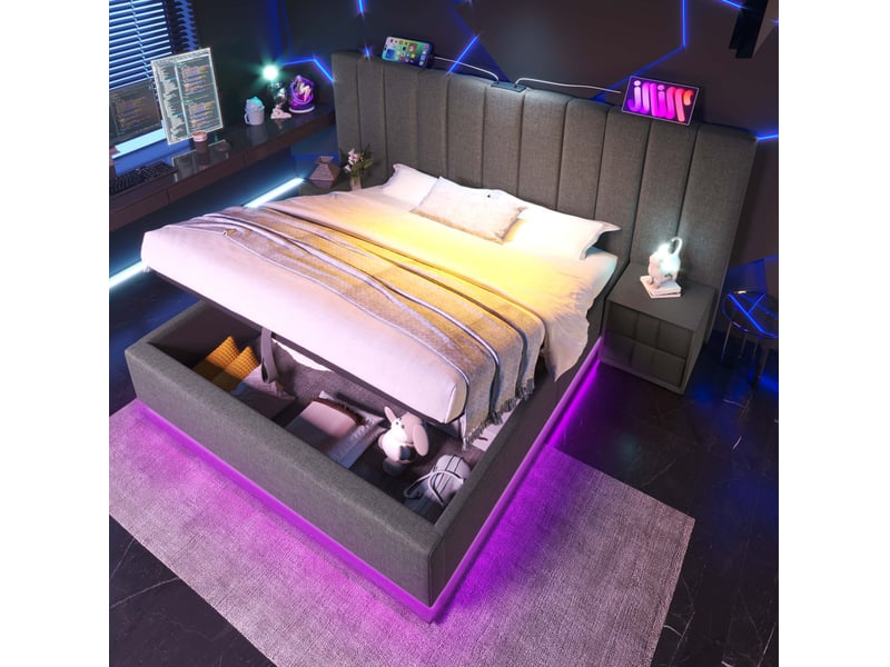  Lit coffre 180x200 cm avec matelas h3, led 360° pilotée par application et télécommande, 3 ports usb + usb-c, rangement hydraulique, soutien 7 zones, structure en métal et lin gris  - Conforama B