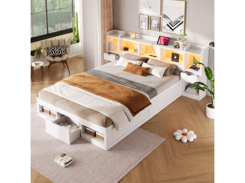 Lit plateforme blanc 140 x 200 avec rangement, led et 3 tiroirs - Conforama D