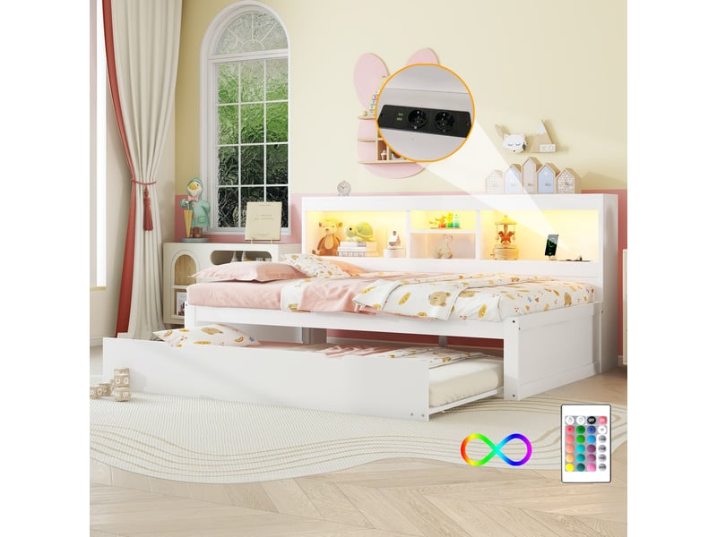  Lit banquette 90x200 avec lit gigogne blanc - éclairage led, prise usb et rangement latéral  - Conforama D