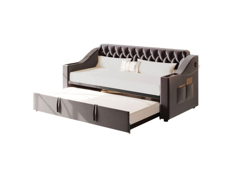  Lit gigogne 90x190 cm, lit enfant avec accoudoirs, prise usb et sommier à lattes, tissu en velours gris, sans matelas  - Conforama A