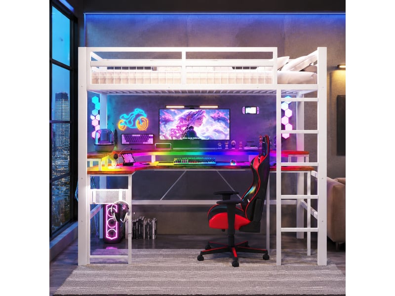  Lit mezzanine 90x200 cm avec bureau et led multicolore en métal et mdf blanc  - Conforama C
