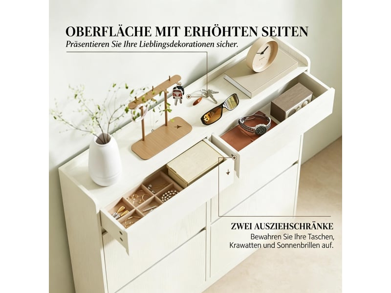 Meuble à chaussures 98l x 19,2p x 95,3h cm en panneaux de particules et mdf avec 2 tiroirs et 4 compartiments rabattables blanc chicfurn - Conforama E